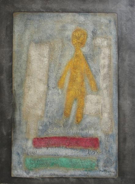 BIONDA, Mario. 1966 M/M (?) Composition with: Figure. Mixed media or print (?) on embossed paper. Signed lower right. From a Bayside, NY home. Dimensions: 18" high x 12" wide. Condition: Good, not examined out of frame.