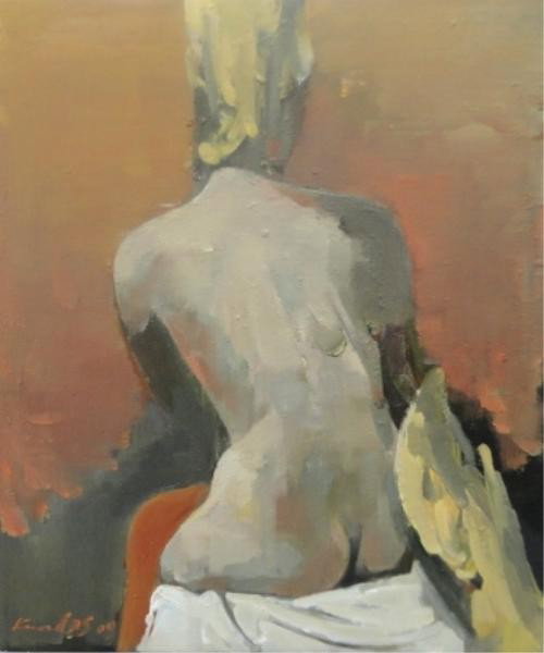 KUNDAS, Leo. O/C of Seated Nude From Behind.: Signed and dated lower left. Leo Kundas, Russian, 1953 - . From a Great Neck, NY home. Dimensions: 15" high x 13" wide. Condition: Good, unframed.