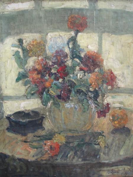 ANDRE, Albert. O/C Floral Still Life. As is.: Signed lower right. Albert Andre, French, 1869 - 1954. From a NYC estate. Dimensions: 20" high x 18" wide. Condition: As is - heavy craquelure with losses along lower right margin where stretcher meet