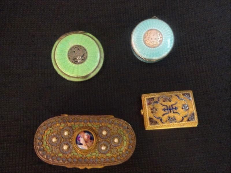 Four Assorted Decorative Boxes.: From a 510 Park Avenue NYC estate. Dimensions: Gilt metal with portrait plaque & pearls? - 3.55", Green Enameled - 2.25", Turquoise and sterling with silver head - 1.75" and gilt filigree and enamel -