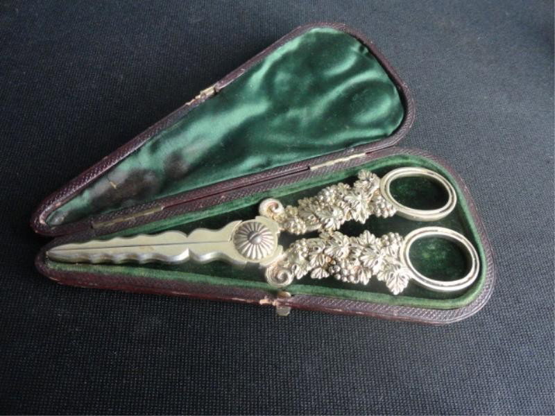 Antique Cased Pair of Gilt Silver Grape Shears.: Hallmarked for Charles Rawlings, London 1824. Includes original London receipt dated 1983 for 530 pounds. Dimensions: 6" long. Approx. 3 troy oz. From a Mamaroneck, NY home.