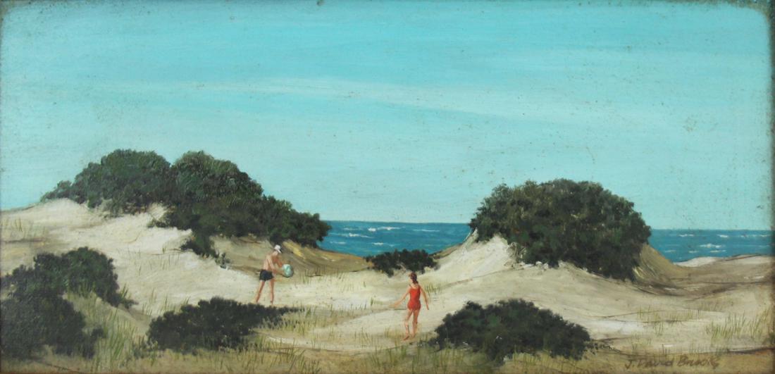 JAMES. D. BROOKS (AMERICAN, 1906-1992).: Oil on panel. Beach Scene. Signed lower right. From a New Rochelle collection. - Dimensions: 5.7" high x 11.5" wide.
