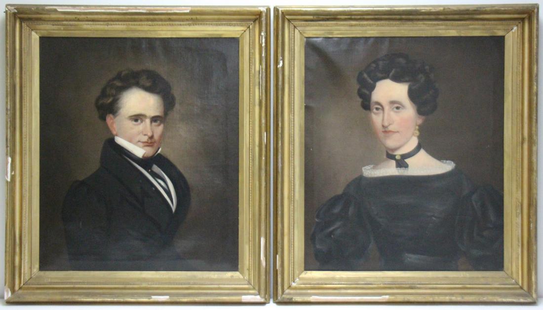 AMERICAN SCHOOL (19TH CENTURY).: Pair of oils on canvas. Portrait of Mary Elizabeth Atkinson and James Henry Atkinson. Inscribed on stretcher c.1835. Apparently unsigned. From a Yonkers, NY collection. - Dimensions: Each: 26.5" h x 2