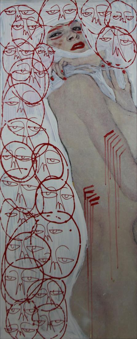 HARIF GUZMAN (VENEZUELAN, AMERICAN, B.1975): Mixed media on canvas. Untitled, 2013. Signed and dated verso. From a Queens, NY collection. - Dimensions: 54.25" h x 21.5" w