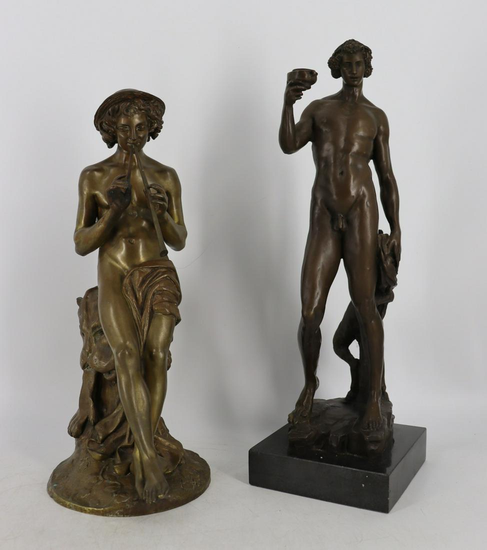 1 Gilt & 1 Patinated Bronze Sculptures.: The gilt bronze is signed on base of flute player and the other signed Nachepe, a Russian sculptor. From a New Jersey estate. - Dimensions: 17.5" h & 18.5" h.