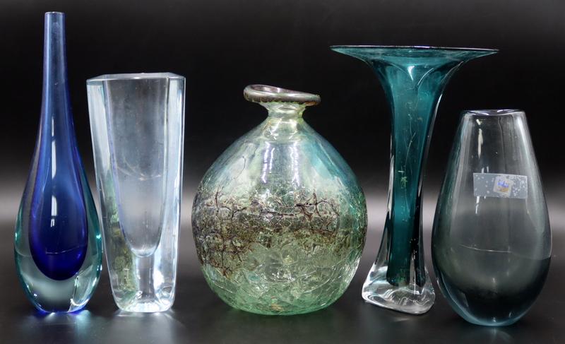 (5) Pcs. of Art Glass Inc. Peter Bramhall.: Includes a signed and dated Bramhall art glass vase - etched to underside, "Bramhall 9/25/70"; a signed and dated tall art glass vase with oversized rim - signed, "Winfield?? ©1993