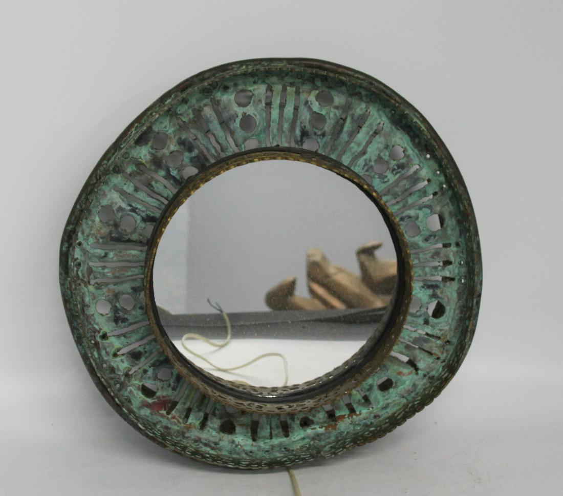 Brutalist Style Patinated Copper Mirror / Sconce. (1 of 5)