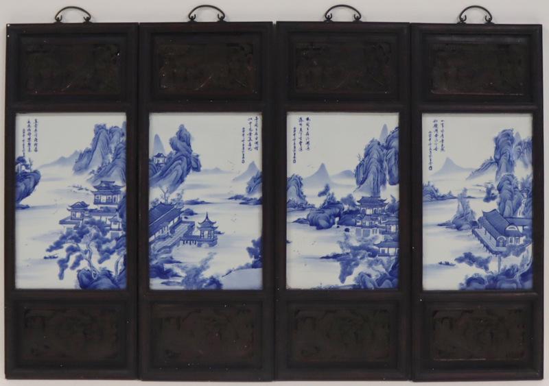 (4) Signed Chinese Blue and White Framed Plaques. (1 of 17)