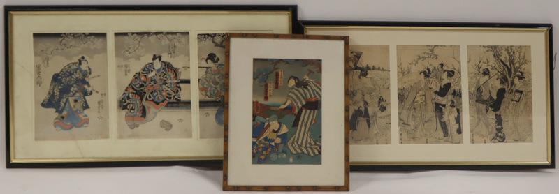 Signed Japanese Prints Inc. Kunisada and Kuniyoshi: Includes a signed Ichiyusai Kuniyoshi triptych with kiri seal; a Kunisada Utagawa Japanese print; and a Utagawa Toyohiro triptych. From a Port Monmouth, NJ estate. Dimensions: Kunisada print only meas