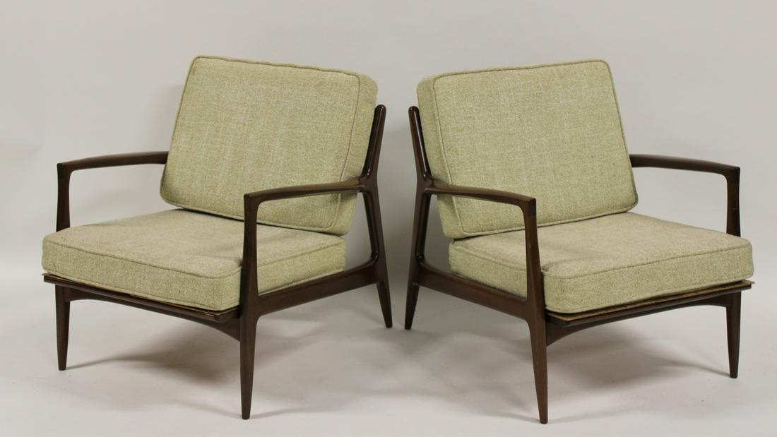 Pair of Midcentury Selig Danish Chairs.: Upholstered with slatted back and flared arms. Has the metal stamp marking. From an East 89th St NYC estate. - Dimensions: 27" h x 30.5" w. 28" d.