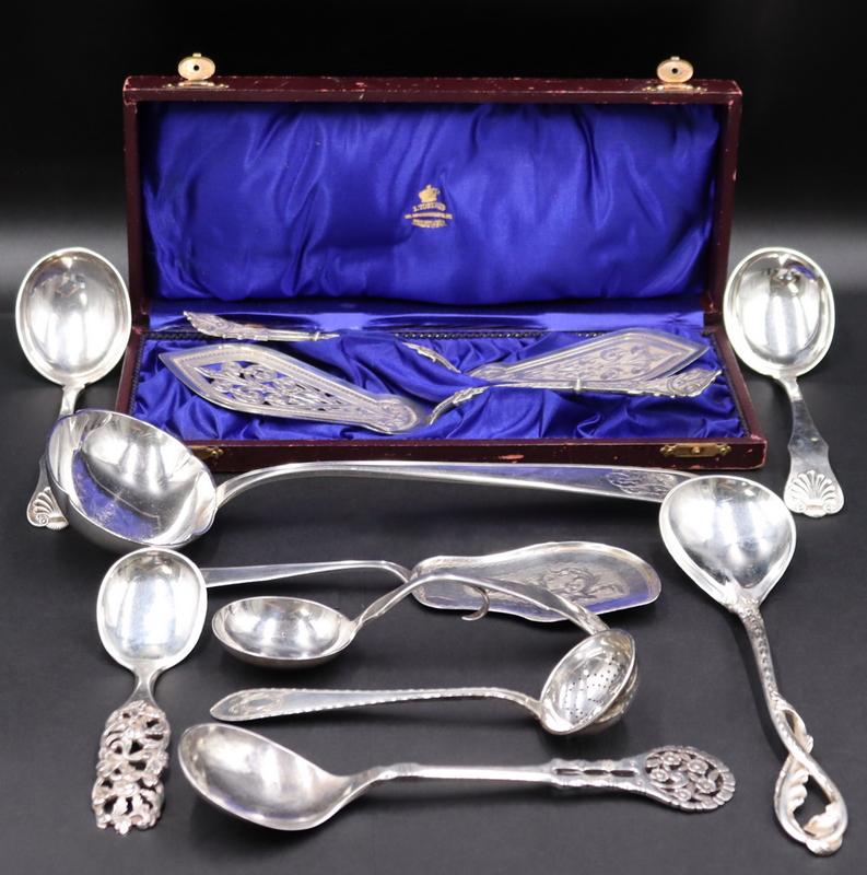 SILVER. Nordic Silver Serving Pieces Inc. Loth: Silver. Including a monogrammed Norwegian Fredrikshald O.Förlie 13 1/4 Loth silver ladle - stamped, "O.Förlie 13 1/4 Fhd 1868" with an unknown pictorial mark of a Knight/Viking?; a