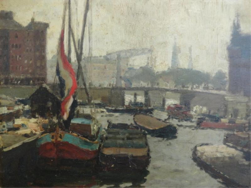 Signed O/B of an Amsterdam Canal.: Signed lower right, possibly Otto Thiele, German, 1870 - 1955. Inscribed in pencil verso. Great quality. Needs cleaning. From an East 64th St NYC estate. Dimensions: 10.5" high x 13.5" wide.