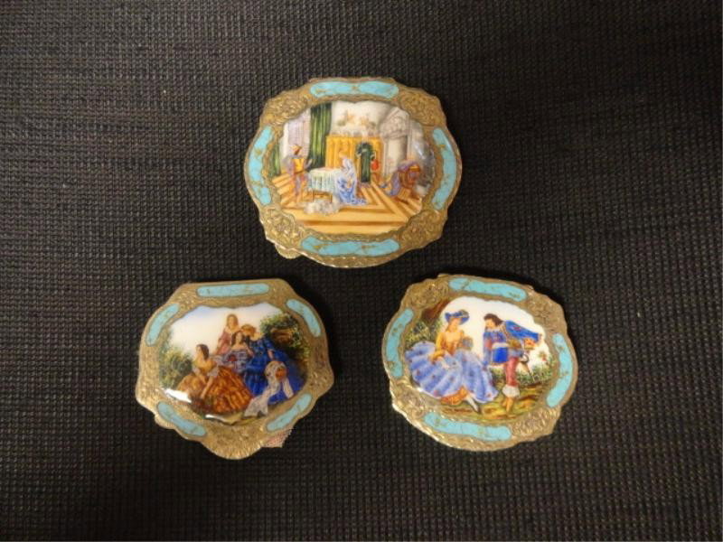 Three 800 Silver Italian Enameled Compacts.: Marked Italy 800. Beautifully chased with scenic enamel work, a gilt wash and mirrored interior. From a Scarsdale, NY estate. Dimensions: 2 are 2.75"x 3" and one is 3.5" x 3.25."