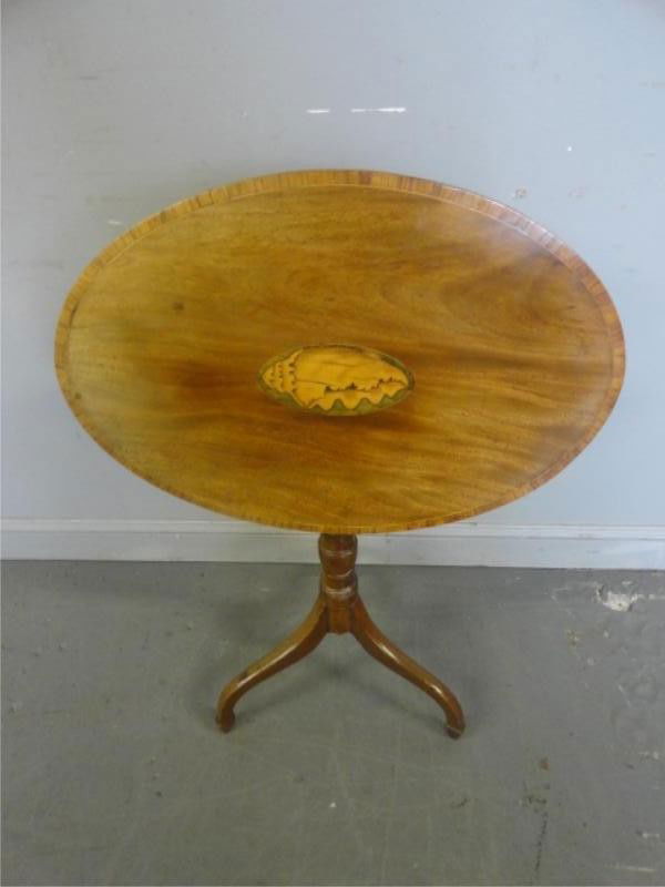 19th Cent Tilt Top Table with Shell Inlay.: From a Yorktown Heights, NY location. Dimensions: 27" wide x 19" deep x 29" high.