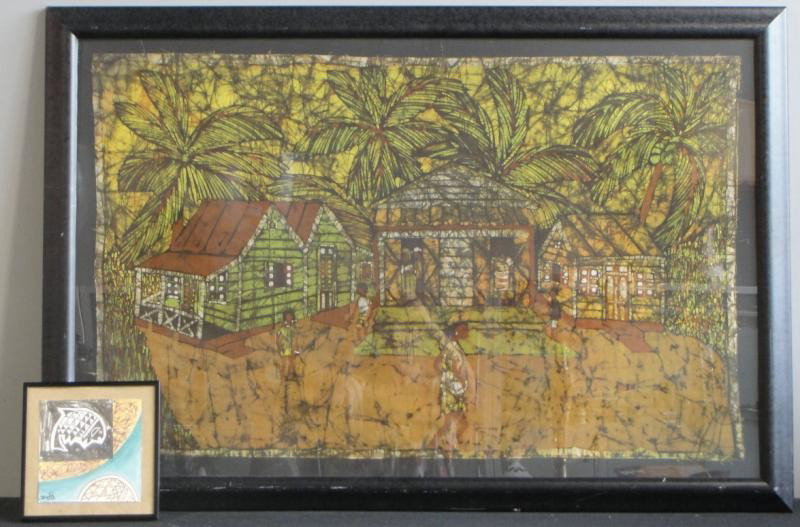 Framed Batik of Caribbean Village together with a: Doris NOGUERIA-ROGERS Mixed Media Drawing "Study II." Drawing is signed lower left and inscribed verso. Doris Nogueria Rogers, Brazilain, 20th C. Dimensions: drawing - 6" sq; batik - 24" h x 39" w.