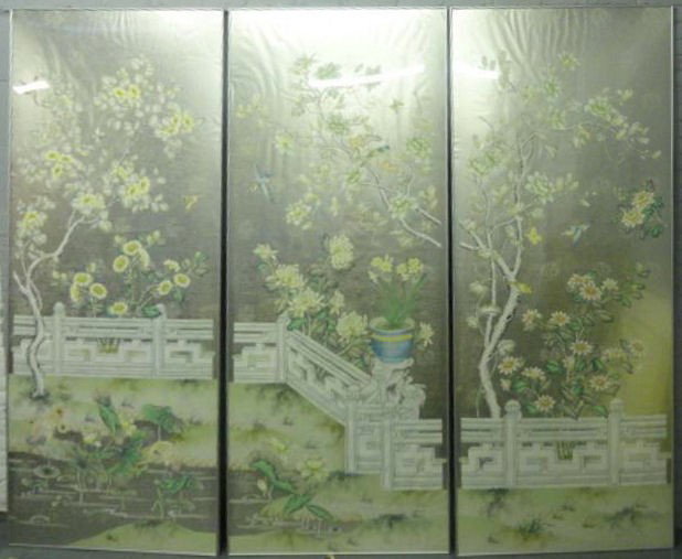3 Framed Hand Painted Panels of Gracie Wall Paper.: From a Greenwich, CT home. Dimensions:96.5" high x 39" wide.