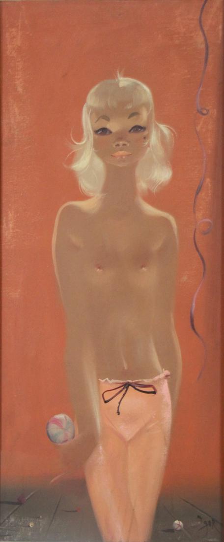 IGOR PANTUHOFF (RUSSIAN / AMERICAN, 1911 - 1972).: Oil on canvas. Big Eyed Standing Blonde Portrait. Signed lower right. From a Westchester, NY collection. - Dimensions: 36" h x 15" w