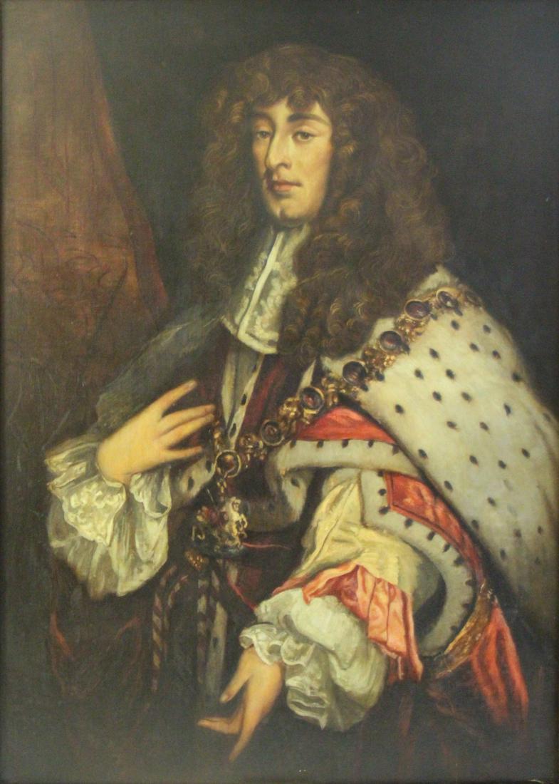 BRITISH SCHOOL ROYAL PORTRAIT, (c.18TH CENTURY).: Large oil on canvas. Portrait of James II Duke of York, after painting by Sir Peter Lely. Apparently unsigned. From a Pound Ridge, NY collection. - Dimensions: 50.75" h x 36" w