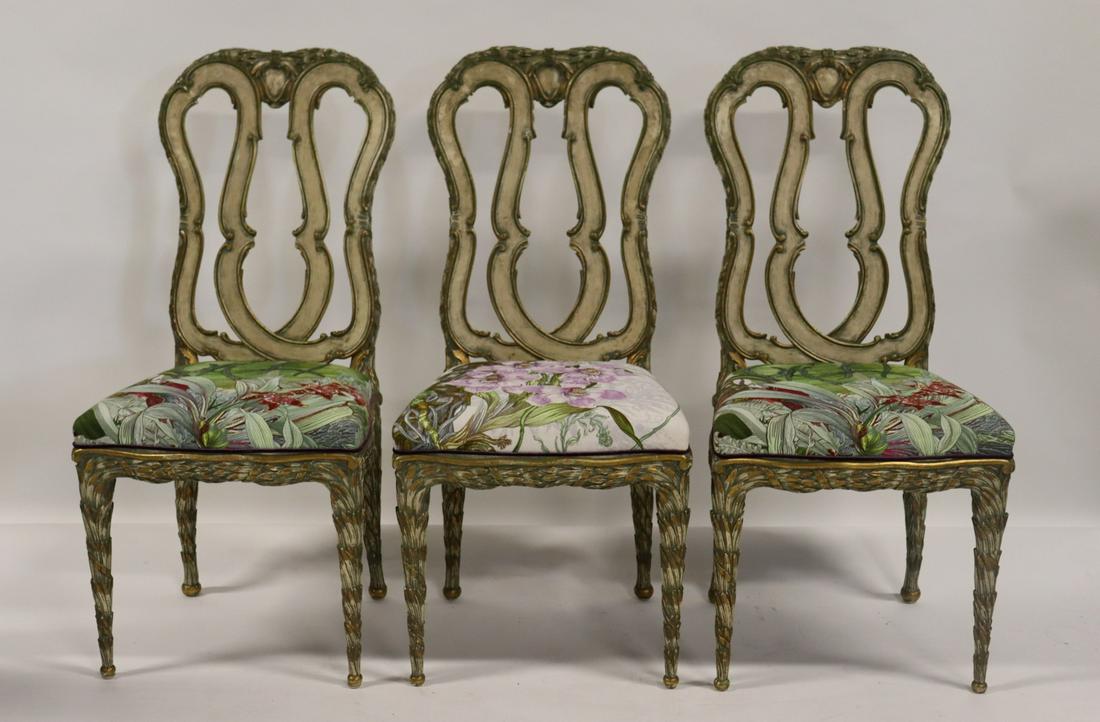 3 Italian Neoclassical Style Carved Chairs.: A very elegant trio with pickled and gilded bodies and sculptural legs. Wonderful tropical fabric. From a Westside, NYC estate. - Dimensions: 44" h x 20" w x 21.5" d.