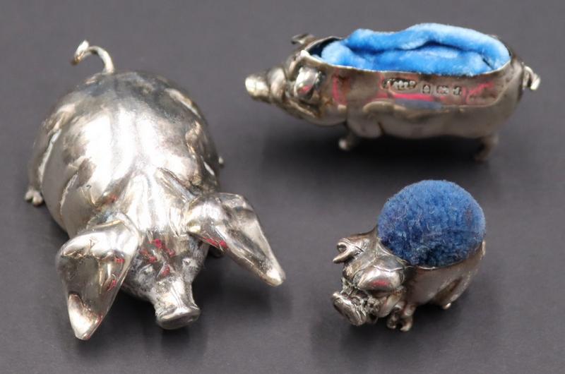 SILVER. (3) Silver Pigs Including Buccellati.: Includes a Buccellati Italian sterling pig with floppy ears - stamped to underside, "Italy Sterling Buccellati" with an Italian national mark signifying a city origin of Milan; an English si