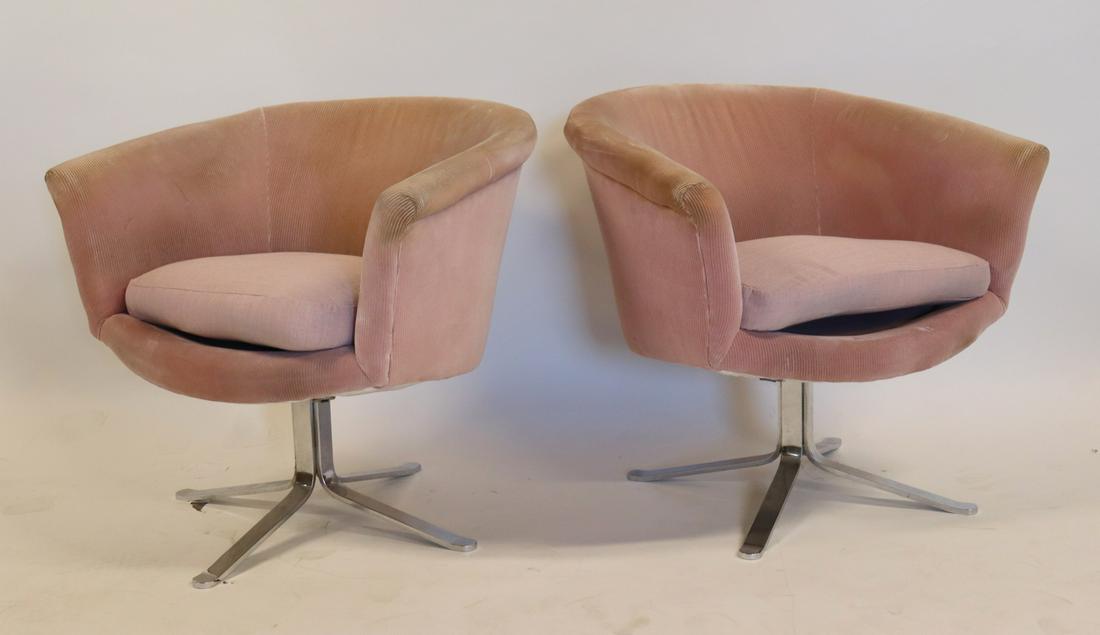 Midcentury Pair Of Chrome Upholstered Swivel: Chairs. In the style of Milo Baughman. From a Long Island NY estate. - Dimensions: 27" h x 28" w x 26" d