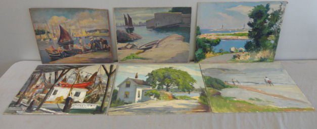 NEWMAN, Joseph. 6 O/B Coastal Landscapes and: Boatyard Scenes. 3 signed lower left, 1 signed lower right. All have Joseph Newman estate stamp verso. Joseph Newman, American- New York, 1890 - 1979. From the East 85th St. Estate of Joseph Newman. D