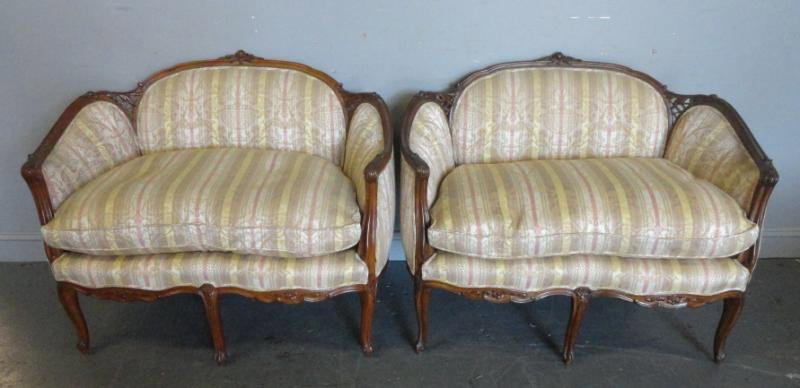 Pair of Louis XV Style Down Filled Fruitwood: Canape Loveseats. From an 1100 Park Ave NYC estate. Dimensions: 41 x 27 x 30.5"
