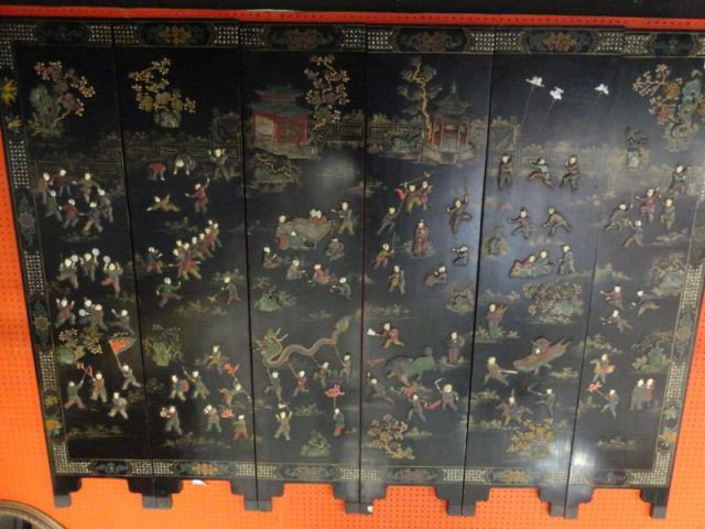6 Panel Chinese Screen. Black Lacquer With Jade &: Ivory Decoration. From a Great Neck L.I. Collector. Dimensions: 6'high x 8' wide.