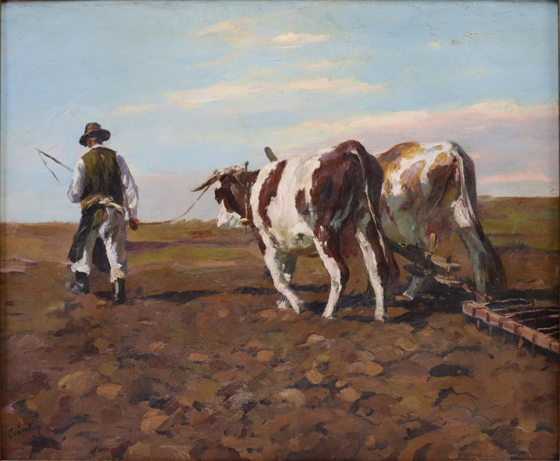 DENES CSANKY (HUNGARIAN, 1885-1972).: Farmer with Oxen. Oil on panel. Signed lower left. From a Larchmont, NY collection. - Dimensions: 19.5" h x 23.5" w.