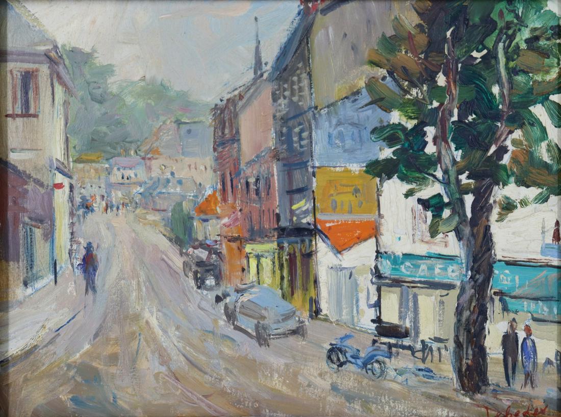 VLADIMIR LEBEDEV (RUSSIAN, 1910-1989).: Street Scene. Oil on board. Signed lower right. From a Hollis, Queens, NY estate collection. - Dimensions: 9" h x 12" w.