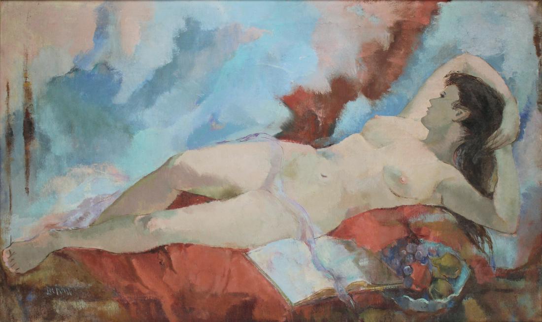 ILLEGIBLY SIGNED (20TH CENTURY).: Reclining Nude. Large oil on canvas. Signed lower left. From a Ft. Lauderdale, FL estate. - Dimensions: 29.5" h X 49.75" w.