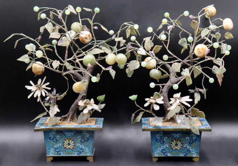 Pair of Chinese Cloisonne and Carved Jade Trees. (1 of 7)