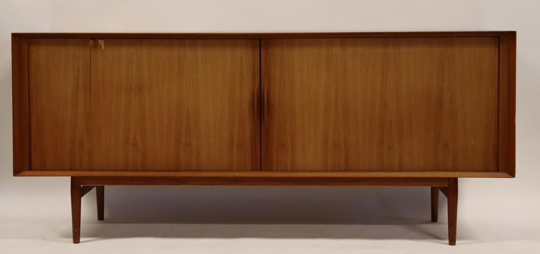 Midcentury Arne Vodder / Sibast Tambour Front Teak: Cabinet. Signed and from a Rye, NY estate. - Dimensions: 34" h x 79" w x 19.5" d.