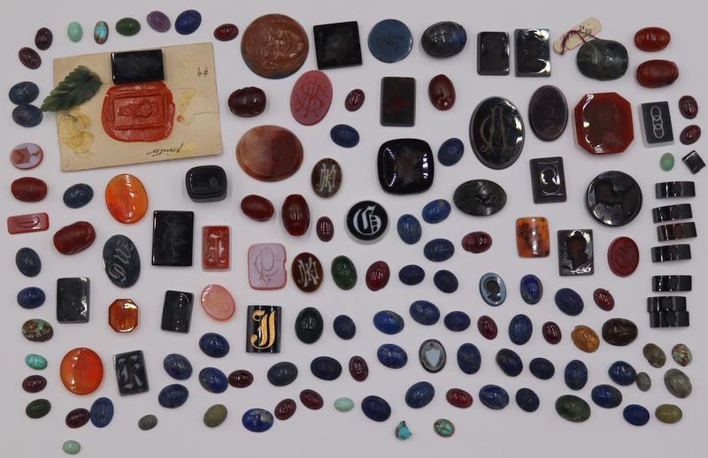 JEWELRY. (137) Assorted Intaglios and Scarabs.: Includes a total (137) assorted intaglio and scarab pendants. This lot is being sold is - if you are unhappy with this lot post-purchase do not call us. From a Hollis, NY estate.