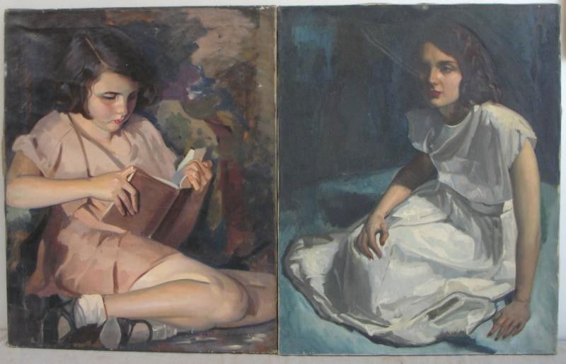 NEWMAN, Joseph. 2 Oils on Canvas of Seated Girls.: Girl with book signed lower right. Joseph Newman estate stamp verso. Joseph Newman, American- New York, 1890 - 1979. From the East 85th St. Estate of Joseph Newman. Dimensions: 30" high x 24" wide. Co