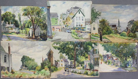 NEWMAN, Joseph. 6 W/C's of Rockport Street Scenes.: 5 on paper, 1 on cardboard. 4 signed, 1 with old gallery label verso. All have Joseph Newman estate stamp verso. Joseph Newman, American- New York, 1890 - 1979. From the East 85th St. Estate of Joseph