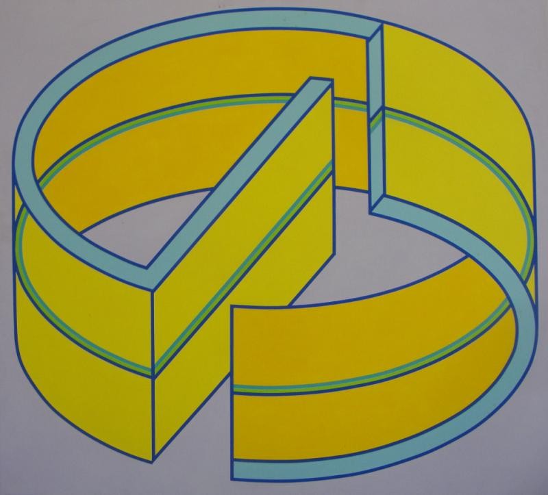 CAMACHO, Paul. 1971 Geometric O/C "Faucet.": Signed, dated, and inscribed with title verso. Paul Camacho, Puerto Rican, 1929-1989. The New York Times noted "Paul Camacho's geometric abstraction is precise and jaunty..." From an Easton, NY home. 