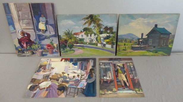 NEWMAN, Joseph. 5 Oils on Board of Landscapes &: Figural Scenes. All signed. All have Joseph Newman estate stamp verso. Joseph Newman, American- New York, 1890 - 1979. From the East 85th St. Estate of Joseph Newman. Dimensions: 16" h x 12" w to 16"