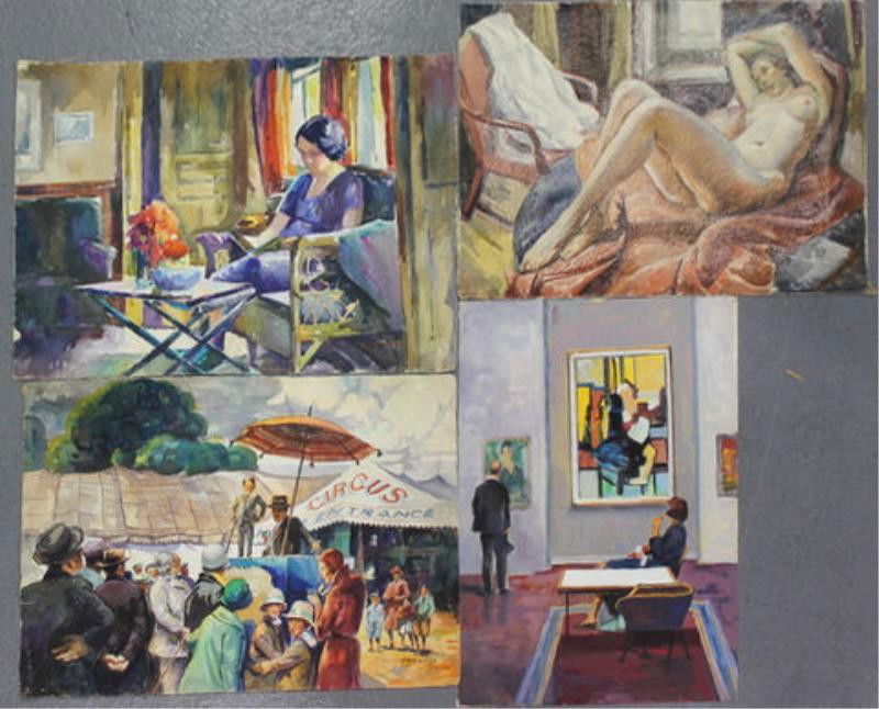 NEWMAN, Joseph. 4 Watercolors with Figures.: Reclining nude, museum interior, circus, woman reading; Woman reading has still life on verso. 2 signed. All have Joseph Newman estate stamp verso. Joseph Newman, American- New York, 1890 - 1979. From