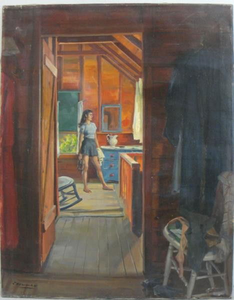 NEWMAN, Joseph. O/C Girl Peering Through Window.: Signed lower left. Joseph Newman estate stamp verso. Joseph Newman, American- New York, 1890 - 1979. From the East 85th St. Estate of Joseph Newman. Dimensions: 30" high x 24" wide. Condition: Unframe