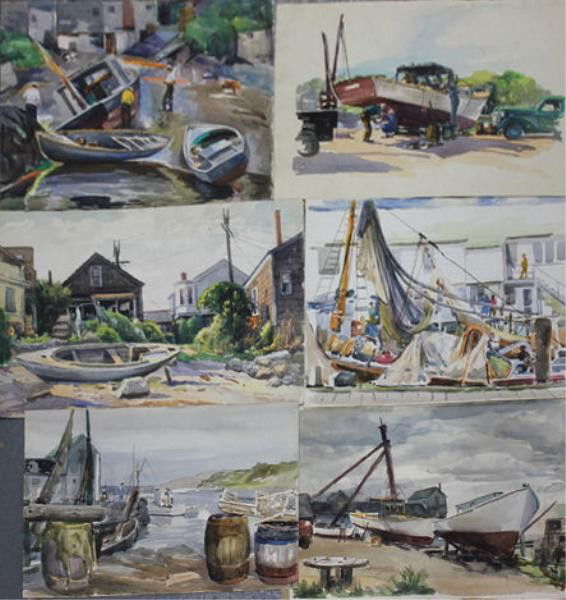 NEWMAN, Joseph. 6 W/C's of Rockport Boatyards.: 2 Signed. All have Joseph Newman estate stamp verso. Joseph Newman, American- New York, 1890 - 1979. From the East 85th St. Estate of Joseph Newman. Dimensions: 14" x 20" to 15.5" x 23."