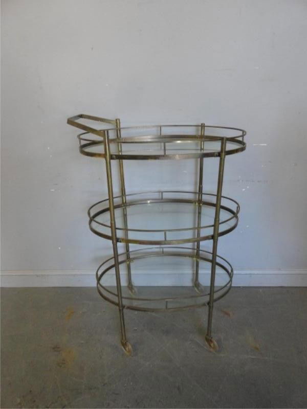 3 Tiered Brass and Glass Cart.: From a Long Island, NY estate. Dimensions: 30" x 19.5" x 46.25."