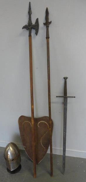 Misc. Armor Lot Incl. Helmet on Stand, Sword & 2: Pikes. From a New Rochelle collector. Dimensions: helmet 16.5"