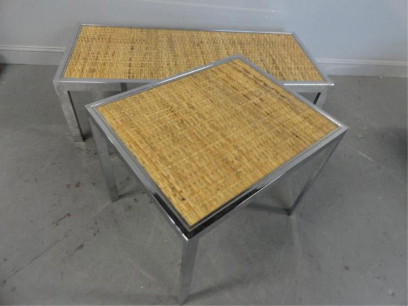 2 Midcentury Chrome & Caned Tables.: With basket weave caning, possibly Baughman. From a Larchmont, NY estate. Dimensions: 24" x 52" x 15" & 27" x 22" x 15."