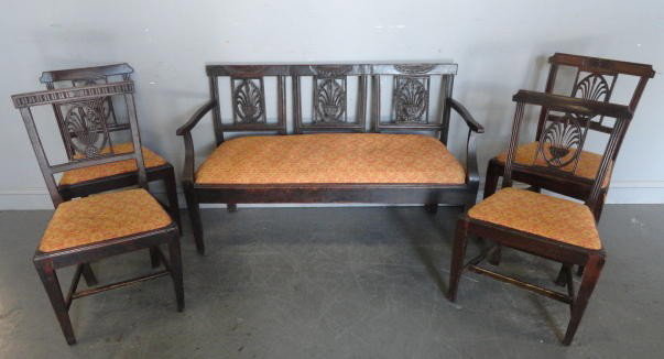 Antique Neoclassical Italian Bench with 4 Similar: Chairs. From a Larchmont home. Dimensions: bench is 19.5" wide x 20" x 32" high; chairs are 19.5" wide x 16" x 34" high