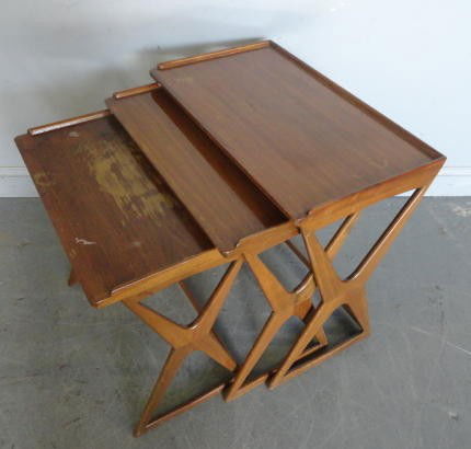 Set of 3 Kagan Style Midcentury Nesting Tables.: As is with varnish loss to top. From a Riverdale, NY estate. Dimensions: largest-26" wide x 15.25" x 25.25" high.