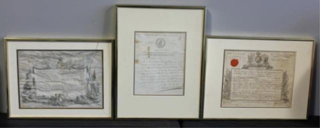 Lot of 3 Framed French Military Documents.: Includes a discharge document with wax seal of King's army, dated 8 April 1784 (condition: no glass, folds, small imperfections), a post revolution circa 1798 letter from one general to another discus