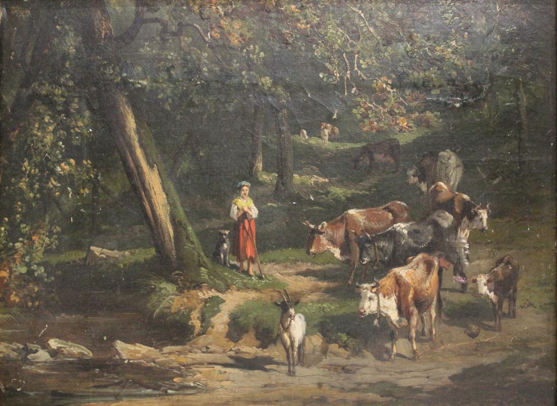 UNSIGNED. OIL ON BOARD. COW HERD. (1 of 3)