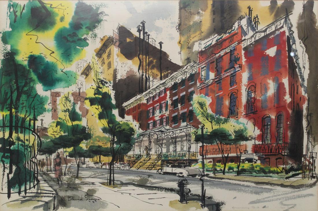 W. DAVID SHAW (20TH CENTURY).: Watercolor on paper. Signed to lower left. Gramercy Park, New York to lower right. From a New Jersey estate. Dimensions: 14.5" h x 21.75" w. Frame: 23.5" h x 30.75" w.