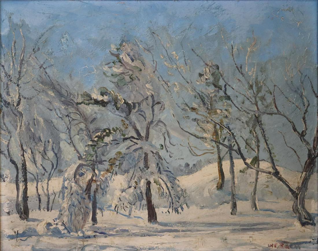 WALTER EMERSON BAUM (AMERICAN, 1884-1956).: Winter Trees. Oil on board. Signed lower right. From a Westchester County, NY collection. - Dimensions: 16" h x 19.75" w.